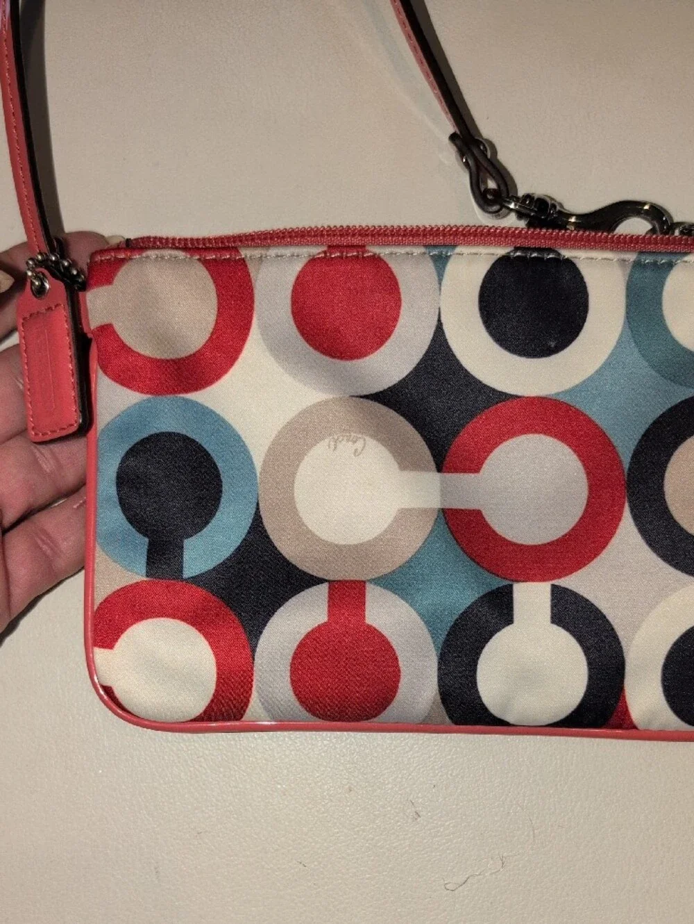 Coach Multicolor Circle Print Wristlet - Red, Blue, Black, Cream